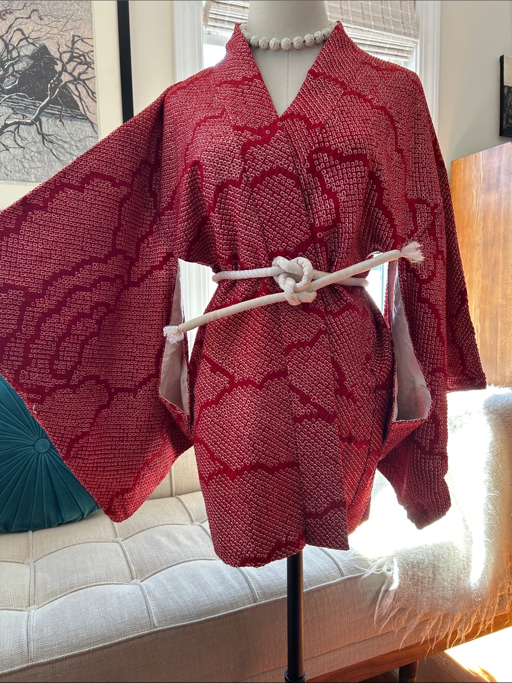 Stunning Vintage Silk Haori Kimono Jacket – Crimson & White Kanoko Shibori - Picture 2 of 14